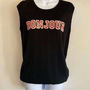 Markus Lupfer Black Knit Sleeveless Sweater with Red and White 'BONJOUR'